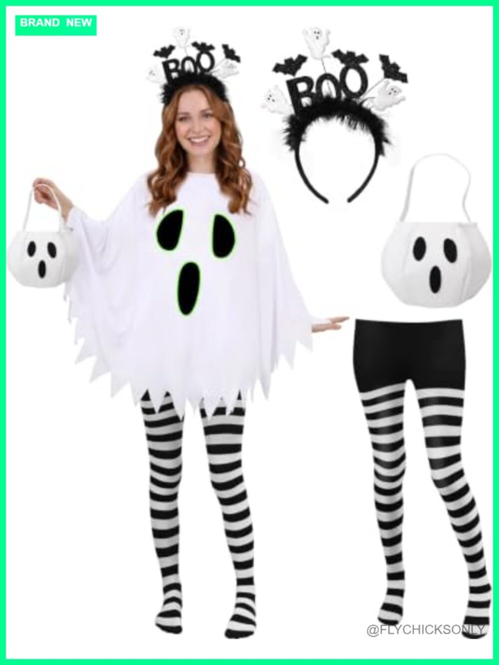 Women's Glow in Dark Ghost Costume Set with Poncho Headband Tights & Bag